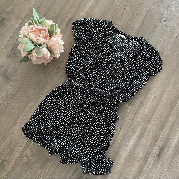 LOFT Black & White Polka Dot Ruffle Belted Wrap Romper - Picture 2 of 6